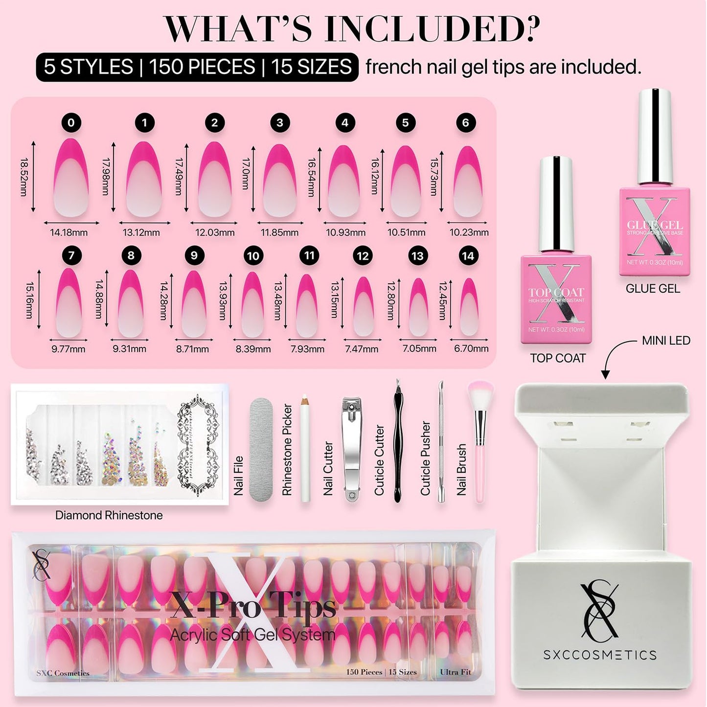 SXC Cosmetics French Tip Press On Nails - Skin Tone Nude and Color Series, Short Coffin X-Pro Tips Starter Kit ST119KIT