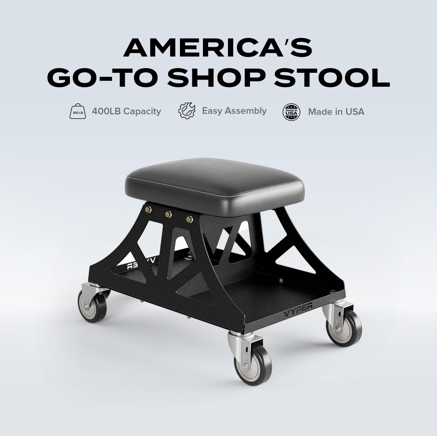 Vyper Low Pro Garage Stool with Removable Seat for Mechanics, Automotive, DIY - 400 lb Capacity Rolling Shop Chair (Black Seat, Red Frame)