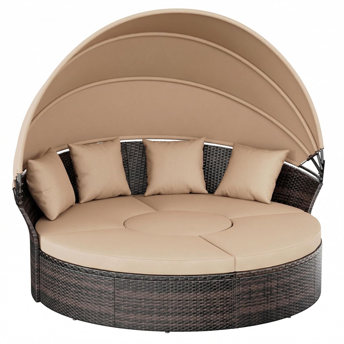 Oakmont Outdoor Patio Daybed with Retractable Canopy, Wicker Rattan Sectional Round Sofa Furniture Set, 5 Pieces Seating Separates Cushioned Seats for Lawn Garden Backyard Porch Pool, Brown