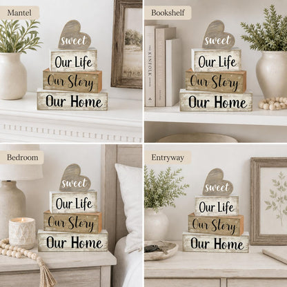 4 Pcs Farmhouse Table Decor, Wooden Heart Tiered Tray Decorations with Sweet Home Sign, Rustic Our Life Our Story Our Home Decor for Table, Kitchen, Office, Mantel, Shelf, Housewarming Gift