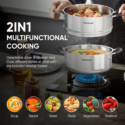 SUNHOUSE - 4.6 Quart Steamer Pots with Lid 2-Tier Multipurpose Stainless Steel Steaming Pot Cookware with Handle for Vegetable, Dumpling, Sauce, Food - Triple Bottom, Measurement Line
