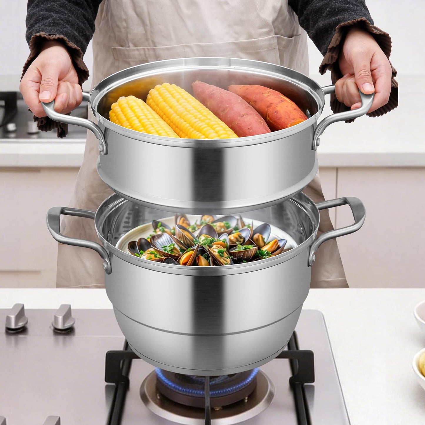 GOLDEN KEY 7.4 QT Steamer for Cooking, 2-Tier Multipurpose 18/8 Stainless Steel Steamer Pot with Lid for Vegetable, Seafood, Rice, Dumplings, Works with Gas Electric Induction Stove