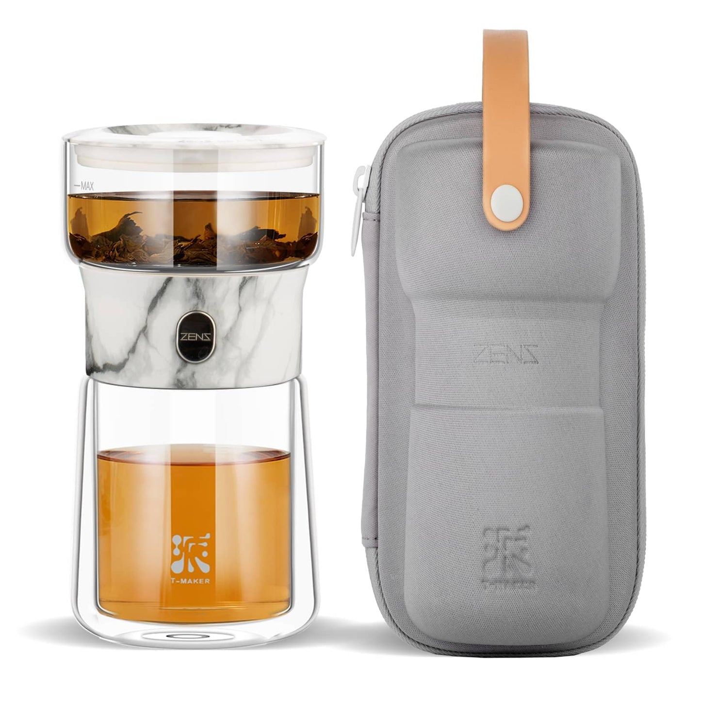 ZENS Modern Small Glass Infuser Teapot, Magic One Touch Drip Tea Pot Infusers for Loose Tea Diffuser, Cool Herbal Teapot with 200ml insulated Cup and Portable Gray Tea Kits for Tea Lovers Gifts