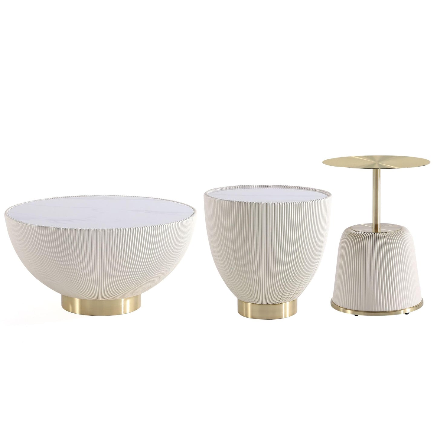 Manhattan Comfort Modern Anderson Coffee Table, 1.0 & 2.0 End Table, Upholstered in Cream Leatherette with Ceramic Faux Tabletop and Gold Metal Tabletop- Set of 3