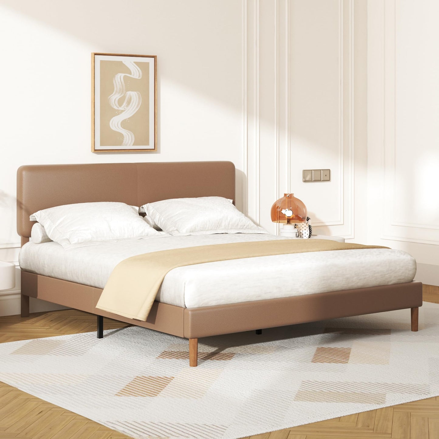 Mxhtcewz King Bed Frame with Adjustable Headboard, Faux Leather Upholstered Platform Bed Frame, No Box Spring Needed, Noise-Free, Easy Assembly, Brown