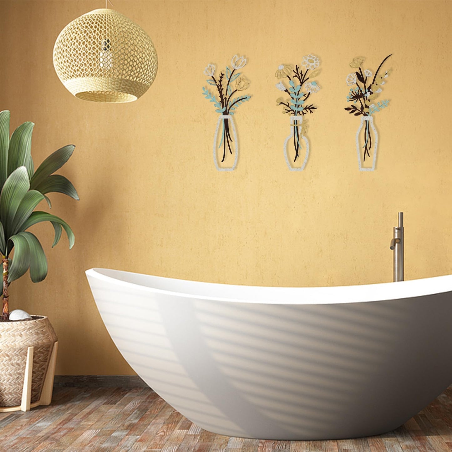 Aikgidtt 3 Pieces Metal Flowers Wall Art Set | Rustic Indoor & Outdoor Wall Decor with Mounting Kit Waterproof Finish for Bathroom Bedroom Living Room | House-Warming Gifts (Beige Gold)