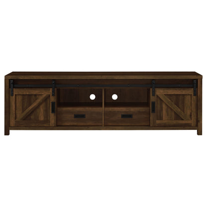 Coaster Home Furnishings - Madra - Engineered Wood - 79-Inch TV Stand with Sliding Barn Doors, 2 Open Shelves - Living Room - Dark Pine - 736273