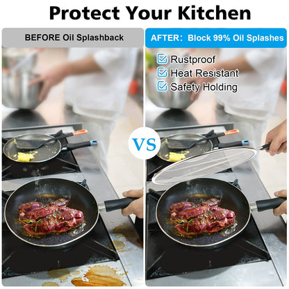 Splatter Screen for Frying Pan - 9.8" 11.4" 13" Stainless Steel Fine Mesh Grease Splatter Guard with Silicone Handle, Hot Oil Splash Guard for Cooking to Prevent Oil Splatter, Safe Cooking