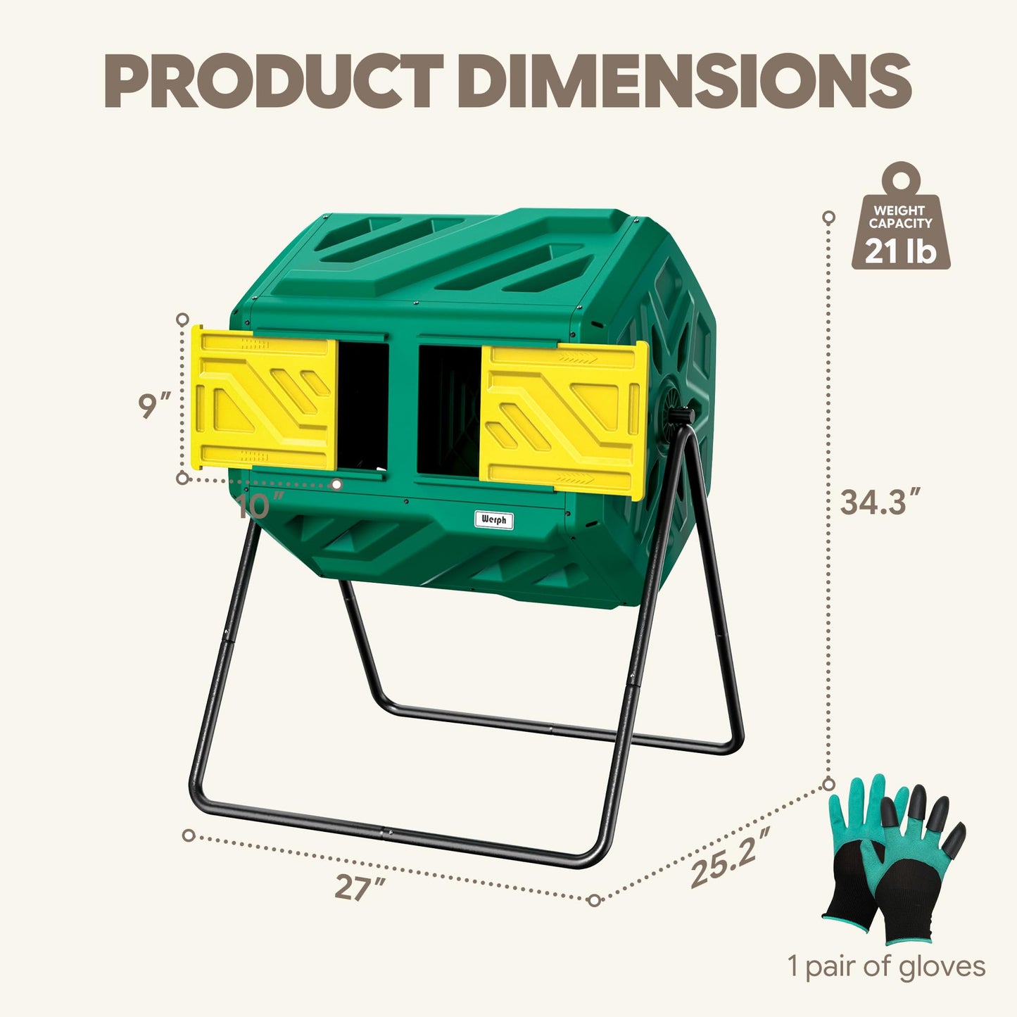 Werph 43 Gallon Compost Bin with Gloves, Fast Assembly & Easy Setup Outdoor Compost Tumbler, Updated Dual Chamber Tumbling Composter for Garden, Kitchen, and Yard Waste, Green