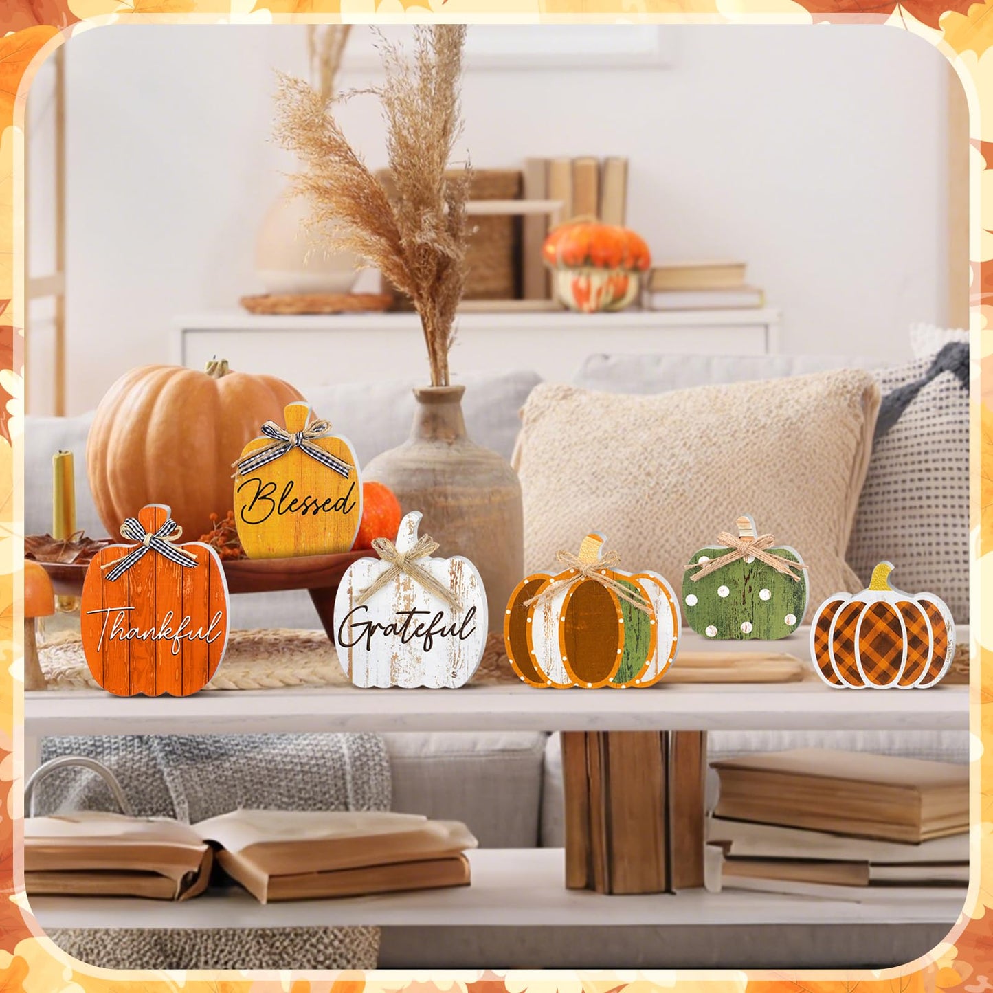 Yousoontic 6 Pcs Thanksgiving Decor for Home Pumpkin Wooden Block Sign Autumn Fall Table Centerpiece for Thanksgiving Tiered Tray Harvest Table Mantel Shelf Decor(Classic)