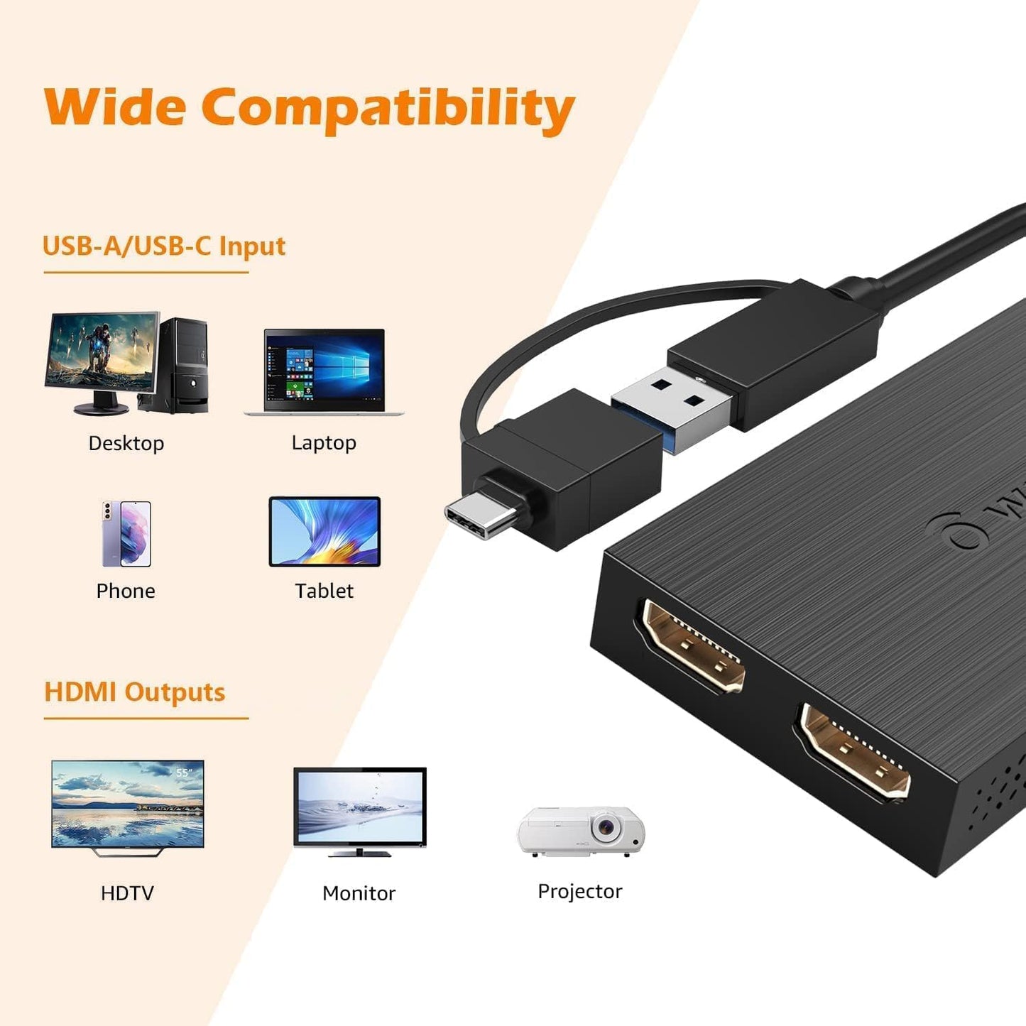 WAVLINK HDMI Splitter Extended Display for Dual Monitor, USB A or USB-C to Dual HDMI Adapter, Multi-Monitor Display 3 Separate Screens for Windows and macOS,4K30Hz,1080p@60Hz