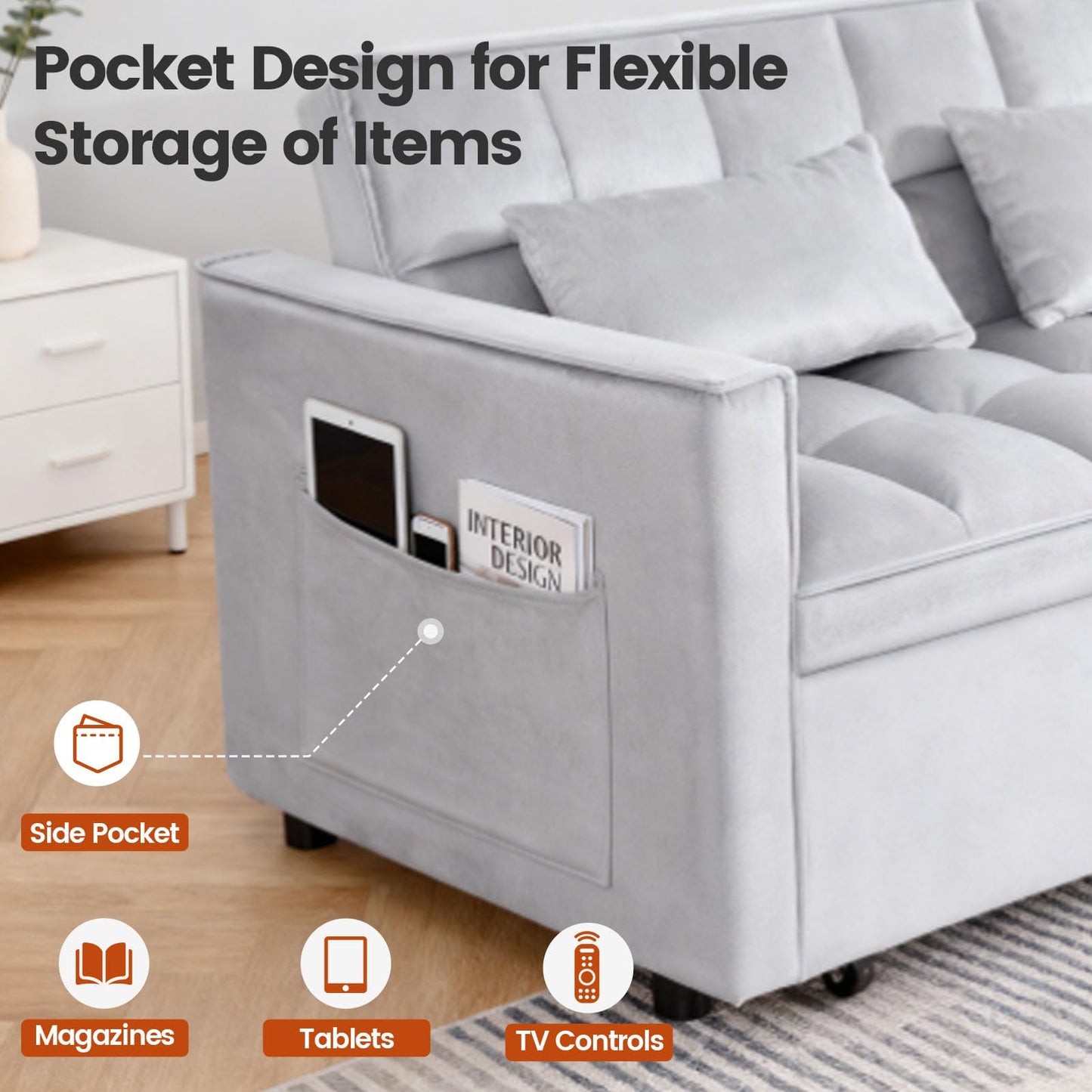 Trygoal Convertible Sofa Bed, Pull Out Couch with Side Pockets, 3 in 1 Velvet Fabric Loveseat Sleeper Sofa Bed, Pull Out Couch with Adjustable Backrest for Living Room, Bedroom, Apartment, Light Gray