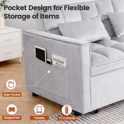 Trygoal Convertible Sofa Bed, Pull Out Couch with Side Pockets, 3 in 1 Velvet Fabric Loveseat Sleeper Sofa Bed, Pull Out Couch with Adjustable Backrest for Living Room, Bedroom, Apartment, Light Gray