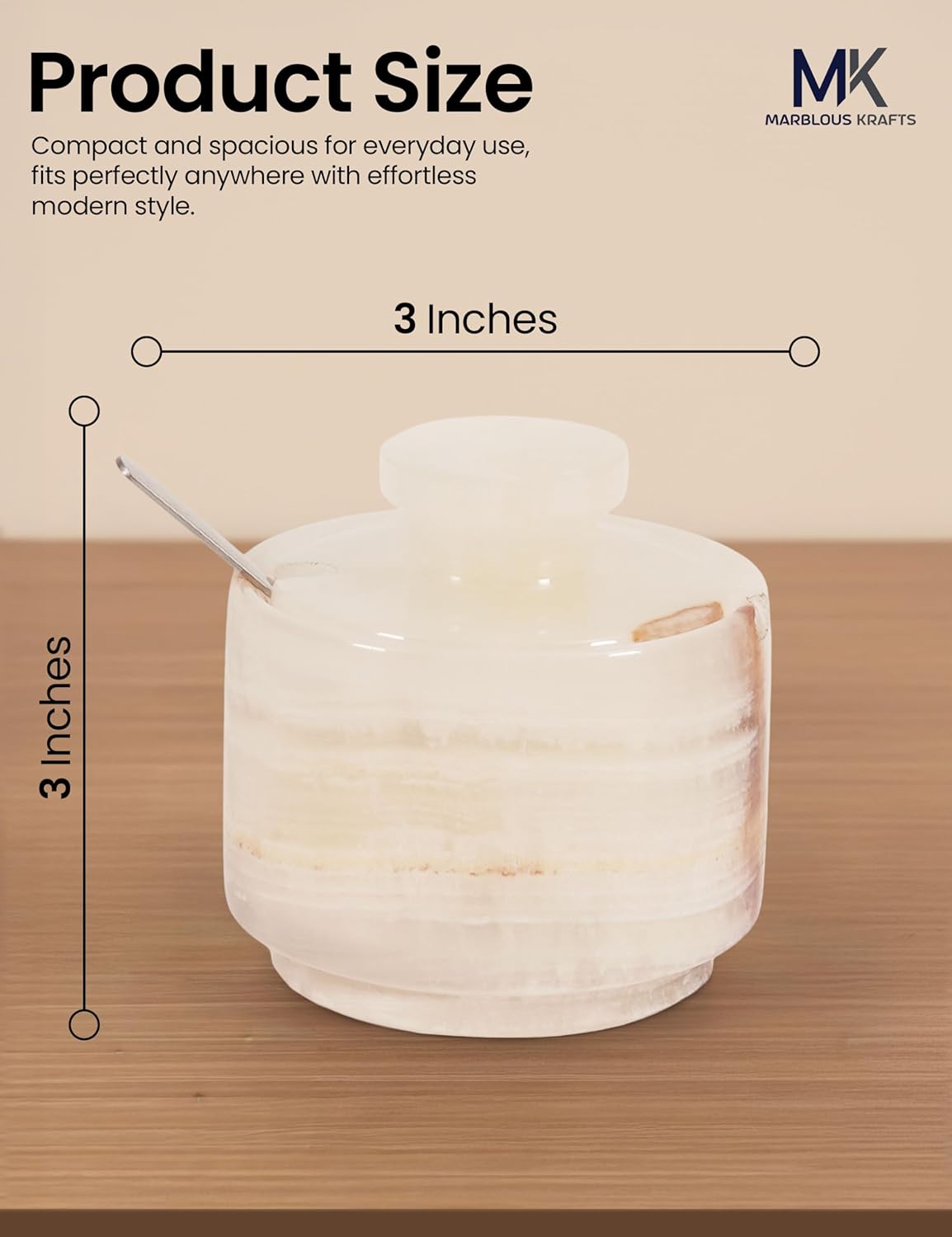 Spoon3 Inch Countertop Salt Cellar with Lid and White Onyx Salt and Pepper Dish, Marble Sugar and Salt Bowls, Ideal