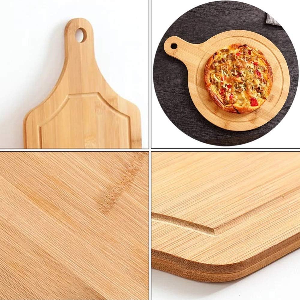 Bamboo Cutting Board, Meat Chopping Boards, Pizza Peel Paddle with Handle for Homemade Baking, Round Board for Pizza,