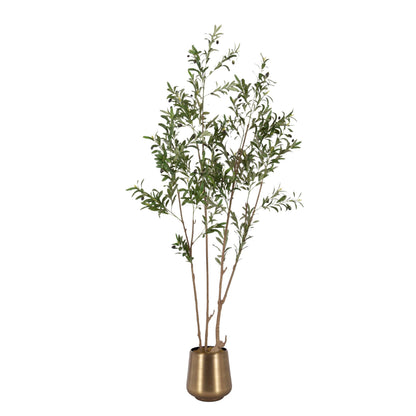 Kate and Laurel Oliveira Faux Olive Tree with Portell Metal Planter Pot, 7 FT, Gold, Potted Artificial Olive Plant Tree with Realistic Foliage and Added Moss, Fake Plant Living Room Decor