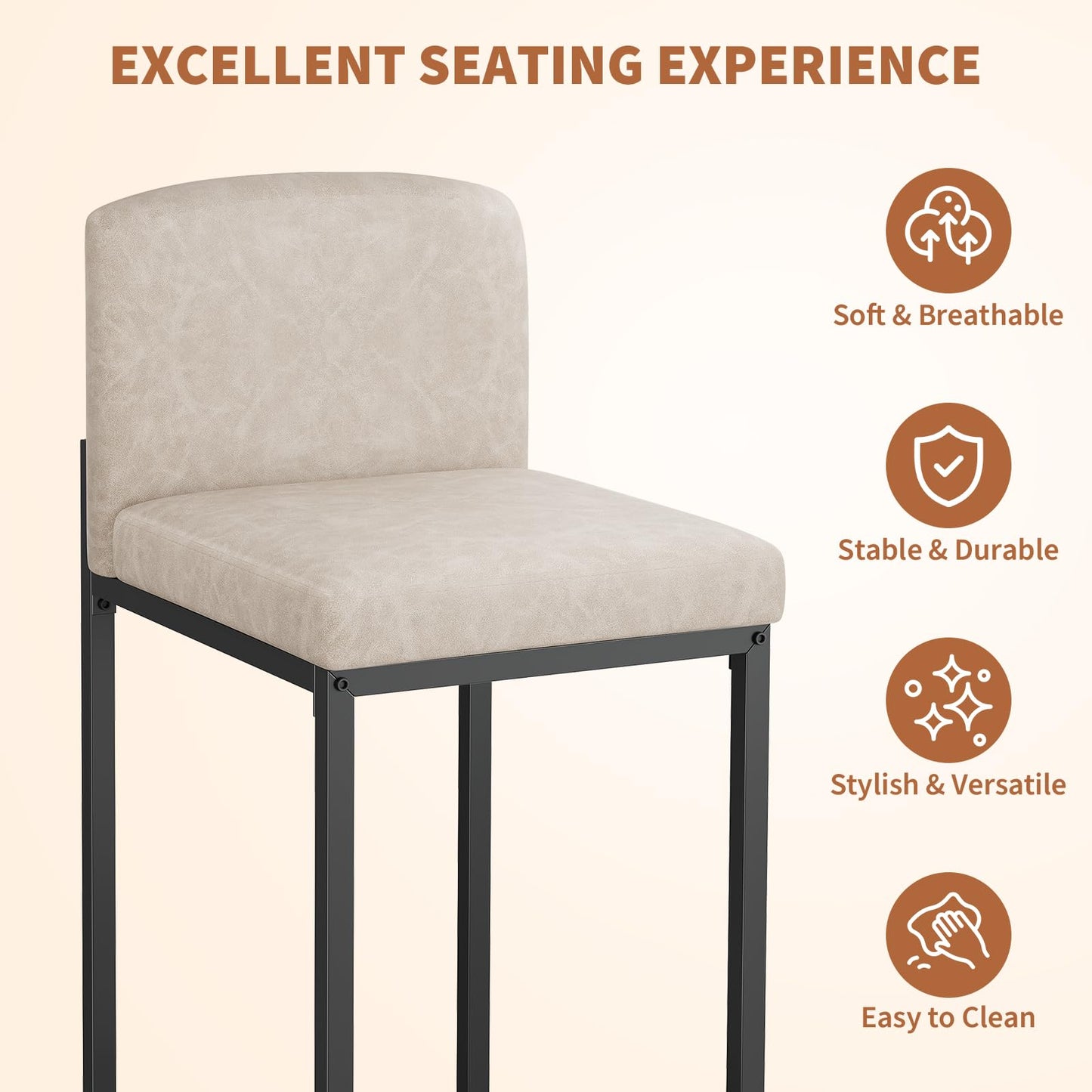IDEALHOUSE Modern Bar Stools Set of 4, PU Leather Counter Height Barstools with Back, Upholstered Bar Chairs for Kitchen Island & Home Bar, Metal Frame, Beige