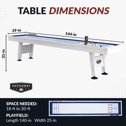 Hathaway Crestline 12 Ft Outdoor Shuffleboard Table for Patio, Yard & Deck - with Weatherproof Playfield, Built-in Scorer & Fitted Cover, Leg Levelers, 8 Pucks, Wax – White Finish