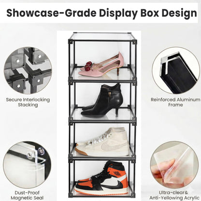 KOKOIN Transparent Plastic Storage Clear Shoe Display Case Box Organizer - Magnetic Side Open, 16PC (Black)