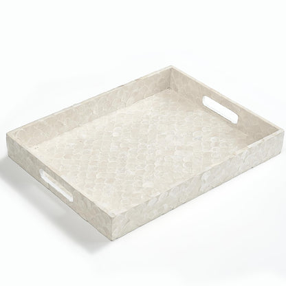 CHI AN HOME Capiz Decorative Tray 15.8” x 11.8” x 1.8" Rectangular Tray, Natural Handmade Serving Tray with Handles for Coffee Tables, Ottoman, Vanity, Kitchen, Coastal Boho Home Decor, White