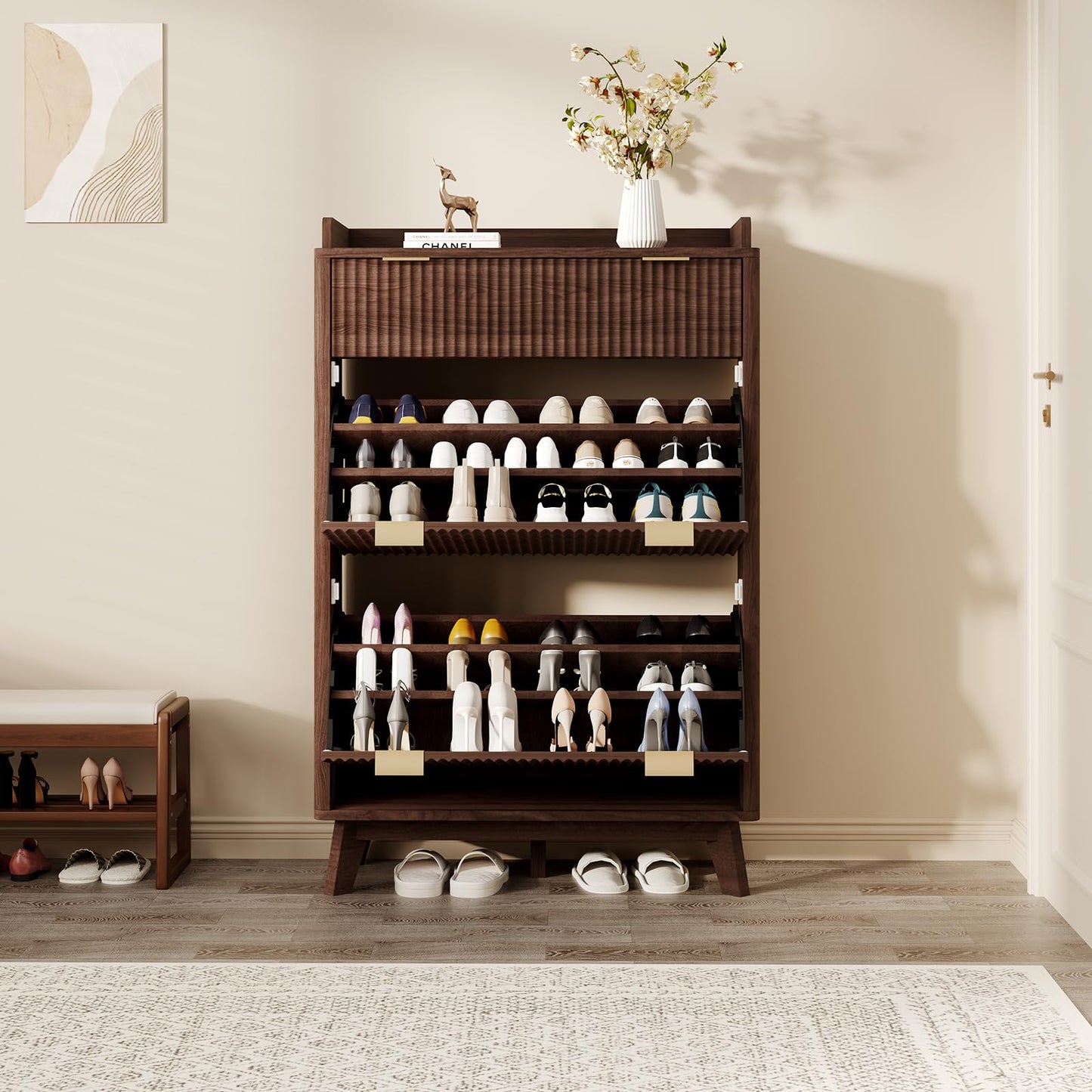 GarveeHome Modern Fluted Shoe Cabinet for Entryway, 48" Tall Narrow Wooden Shoe Rack Organizer with Storage Drawer, 2 Flip Drawers & Adjustable Shelves for Apartment Living Room