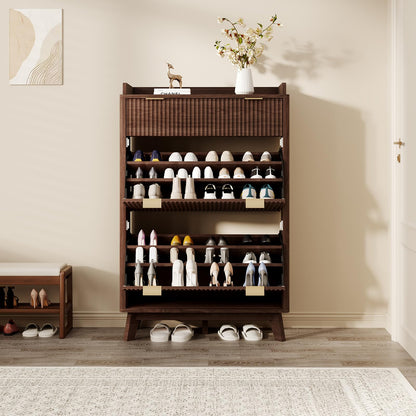 GarveeHome Modern Fluted Shoe Cabinet for Entryway, 48" Tall Narrow Wooden Shoe Rack Organizer with Storage Drawer, 2 Flip Drawers & Adjustable Shelves for Apartment Living Room