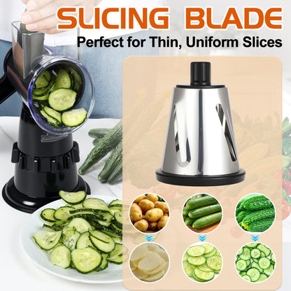 Rotary Cheese Grater Hand Crank, Vegetable Slicer with 3 Blades, Stable Suction, Labor-Saving Handle, Cheese Shredder for Potato Vegetables Nuts Chocolate, Black