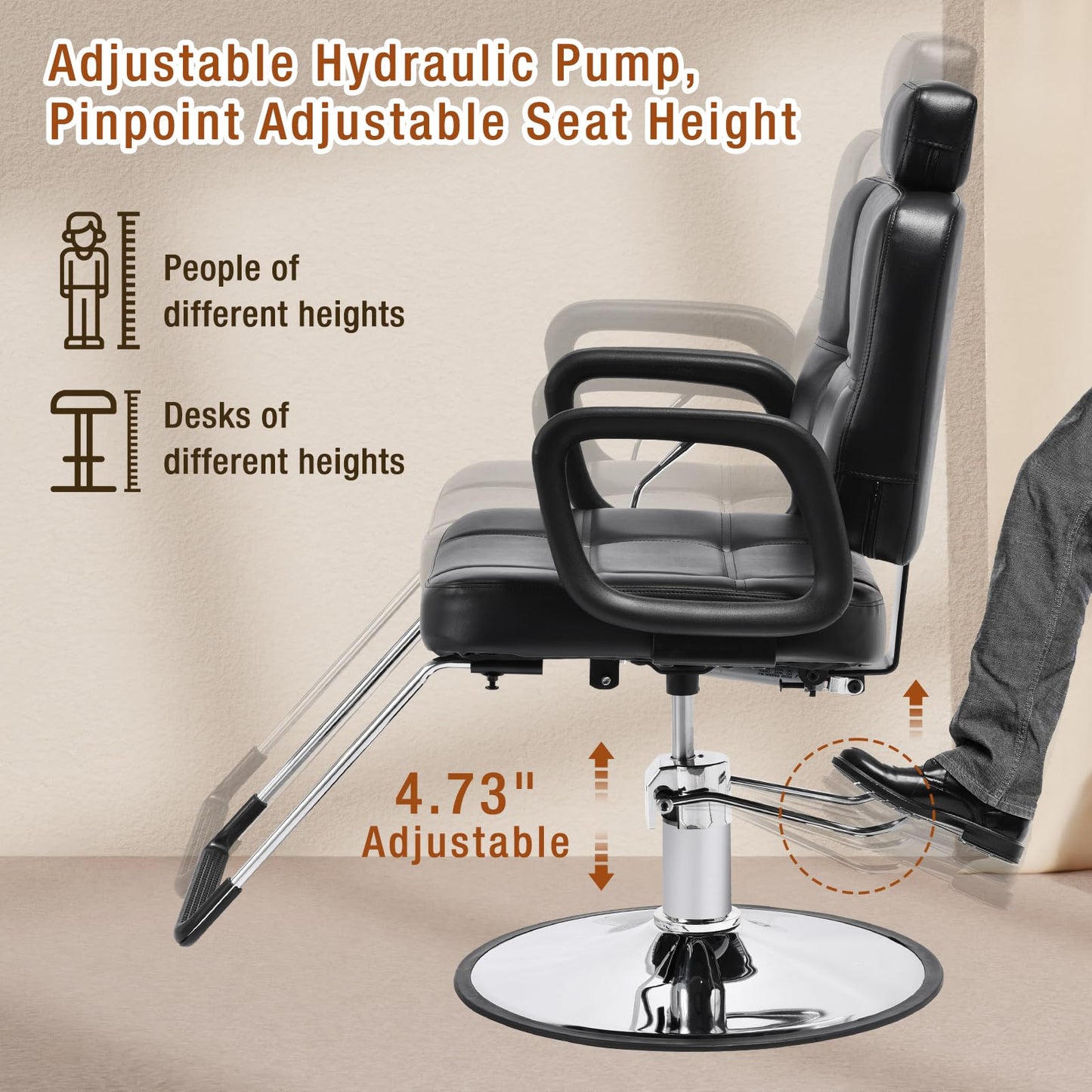 Barber Reclining Chair with Headrest - Heavy Duty Hydraulic Pump Height Adjustable,360°Swivel ,Max Load Weight 440 Lbs,Beauty Salon Spa,Barbershop,Hairdresser Cutting,Styling Stylist,Braiding,Black