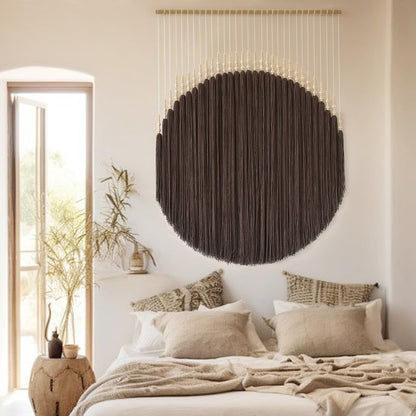 IOWER Macrame Wall Hanging Brown Yarn Beaded Backdrop Boho Wall Decor Round Tassel Home Wall Aesthetic Living Rooms Bedrooms Offices Geometric Art Chic Home Decor 39" W x 55" L