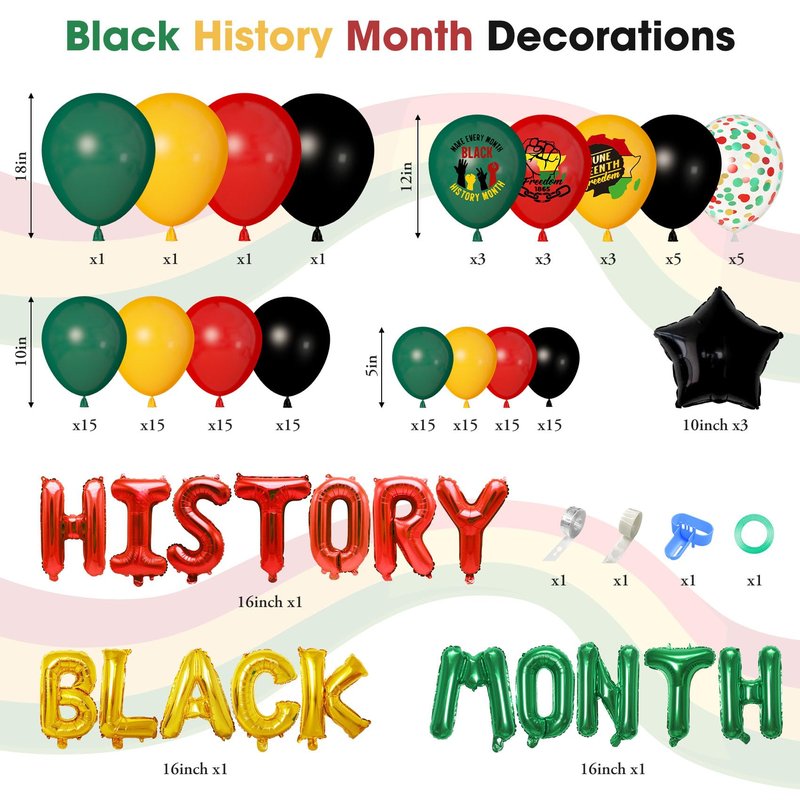 Ouddy Life 154Pcs Black History Month Decorations, History Month Balloons with Green Red Yellow Black History Printed Letter Stars Foil Balloon for African American
