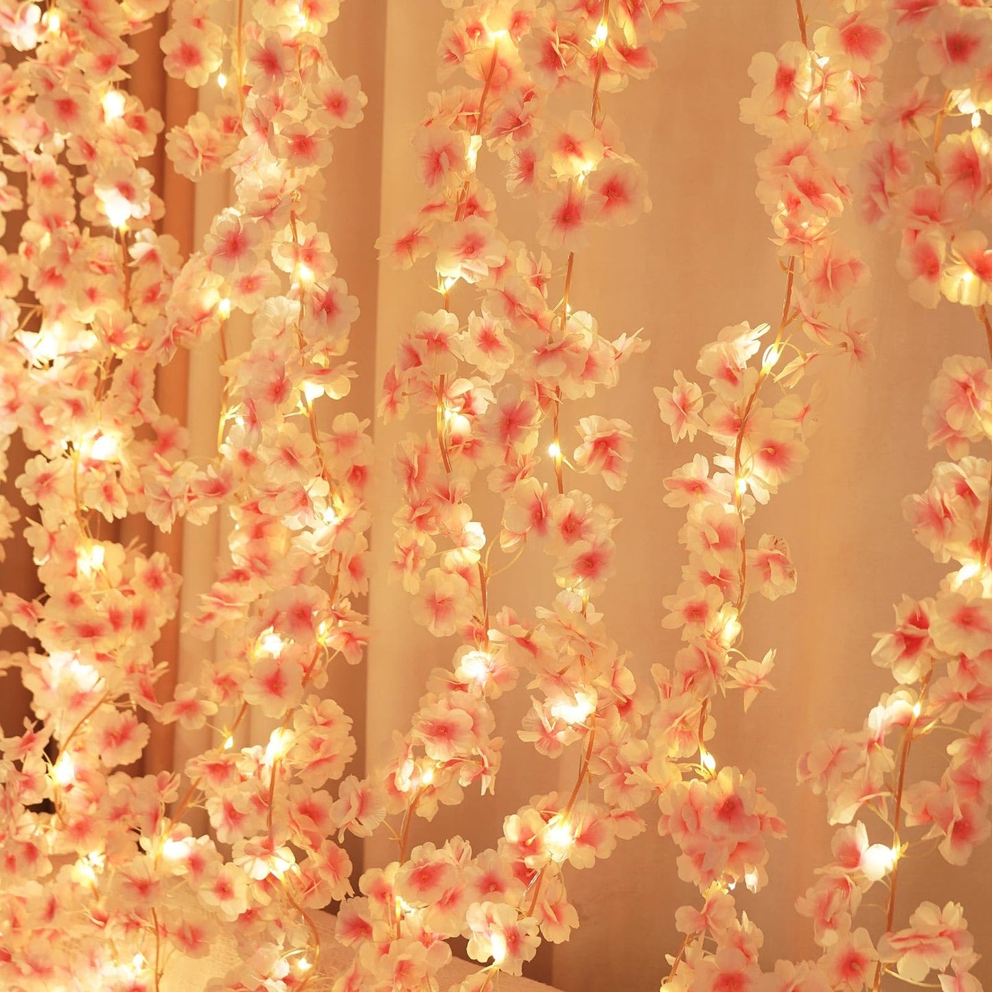 Lfasww Artificial Cherry Blossom Lights，190 LED 5.5ft x 6.2ft Warm White Curtain String Lights with Remote and Timer, 8 Modes, USB Powered for Room Wall Party Xmas Decor