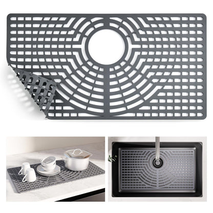 Snuggery Silicone Sink Protector 30"x16" Rear Drain Hole, Heat Resistant Non-slip Dishwasher Suitable, Large Sink Mat for Bottom of Farmhouse Kitchen Stainless Steel Sinks