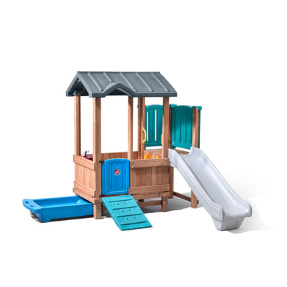 Step2 Woodland Adventure Playhouse & Slide, Kids Outdoor Playset, Backyard Playground Set, Swings, Storage Drawer, Made of Wood & Durable Plastic, Outside Jungle Gym, for Children 3-8 Years Old