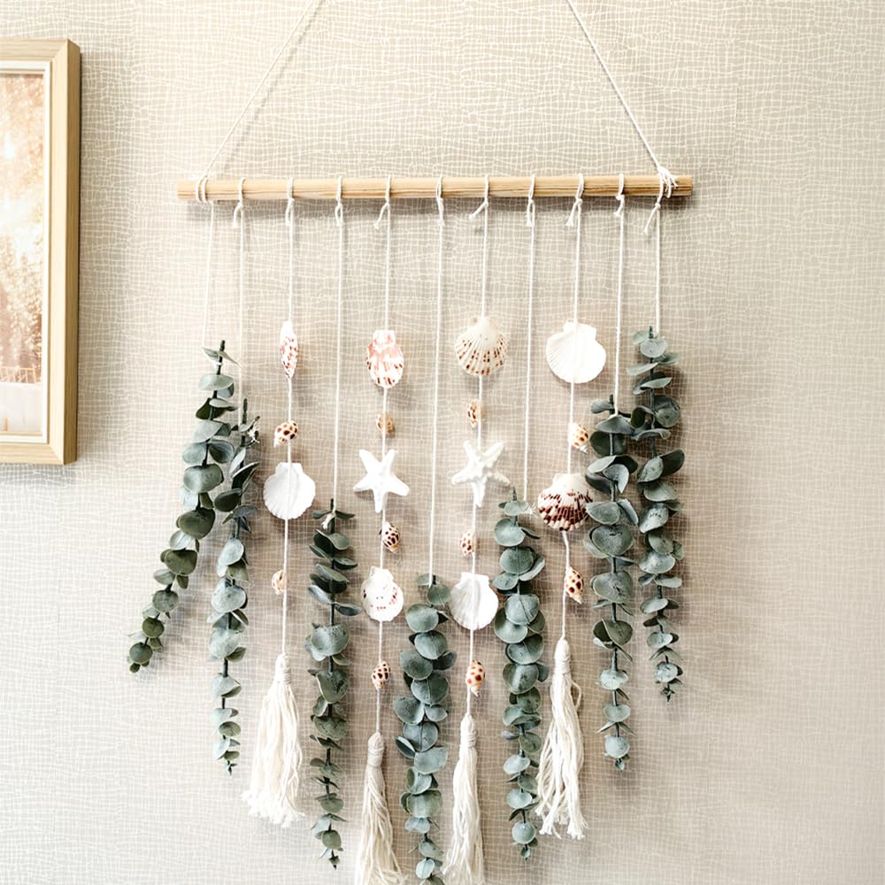 Artificial Eucalyptus Wall Hanging Decor, with Wooden Stick,Chic Boho Rustic Home wall Art Decor for Bathroom Bedroom Office Living Room (Artificial Eucalyptus Cream Tassels with Shells)