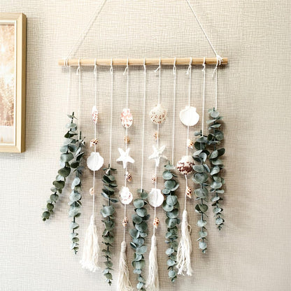 Artificial Eucalyptus Wall Hanging Decor, with Wooden Stick,Chic Boho Rustic Home wall Art Decor for Bathroom Bedroom Office Living Room (Artificial Eucalyptus Cream Tassels with Shells)
