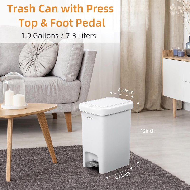 MOPALL 1.9 Gallon Slim Bathroom Trash Can with Lid - Dual-Way Opening (Step Pedal & Press Top) Small Trash Can for Narrow Spaces, Rust-Proof Wastebasket Small Garbage Can for Bathroom, Bedroom, Office