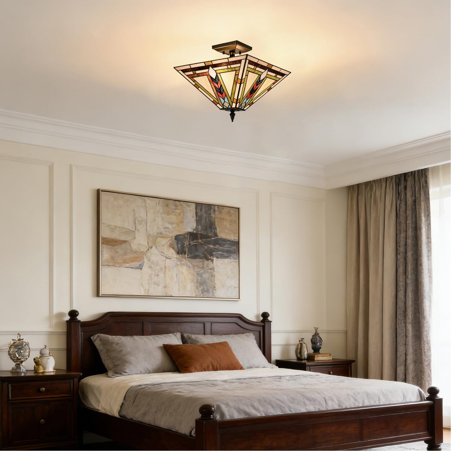 DANSEER Stained Glass Ceiling Light 3-Light Tiffany Style Semi Flush Mount Light Vintage Ceiling Light Fixture with Glass Copper Shade for Hallway Bedroom Living Room Entryway