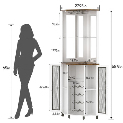 Oransail 68.9“ Tall Corner Bar Cabinet, Wine Bar with LED Light and Mirror, Farmhouse Liquor Cabinet with Adjustable Shelf & Glass Rack, for Dining Room, Living Room