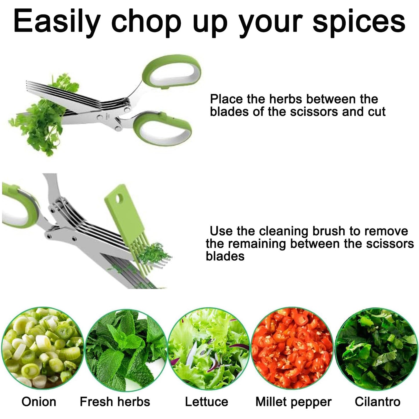 Garlic Press and Herb Scissors Set, 6 Pieces with Garlic mincer and Multipurpose Scissors, Rustproof Tools for Kitchen Use. (Silver+Green)