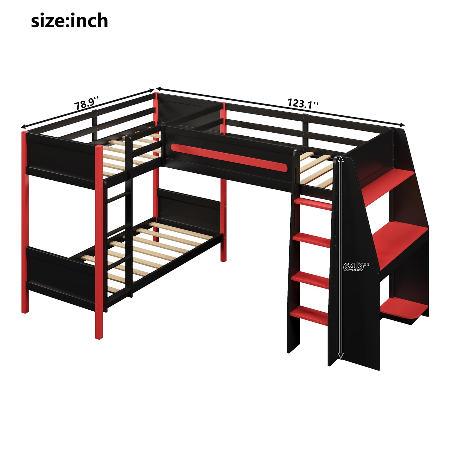 Merax L-Shaped Twin Size Triple Bunk Bed for 3 People, Wood Gaming Loft Bed with Built-in Desk, Shelves, Lights and Full-Length Guardrails, Black+Red