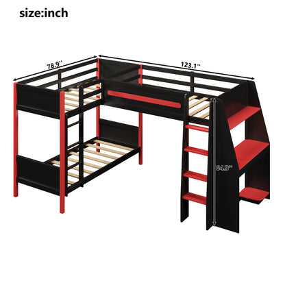Merax L-Shaped Twin Size Triple Bunk Bed for 3 People, Wood Gaming Loft Bed with Built-in Desk, Shelves, Lights and Full-Length Guardrails, Black+Red