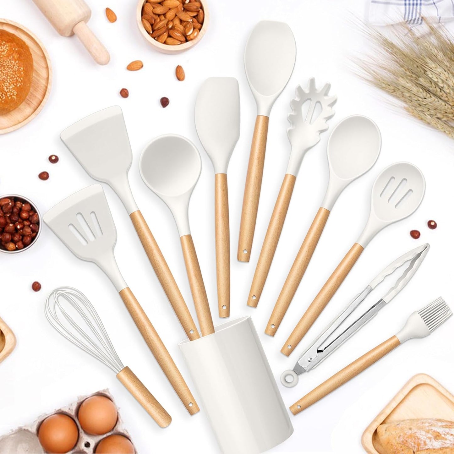 TeamFar Cooking Utensils Set, 12 Pcs Silicone Kitchen Gadgets for Nonstick Cookware, Wooden Handle Spatula Spoon