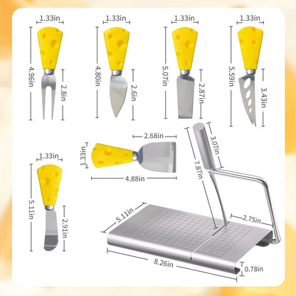 Pershook Cheese Slicer, with Measuring Grids Board & 6 Piece Cheese Knives, Stainless Steel Cheese Cutter with Blade, for Block Cheese, Butter and Sausages, Dishwasher Safe