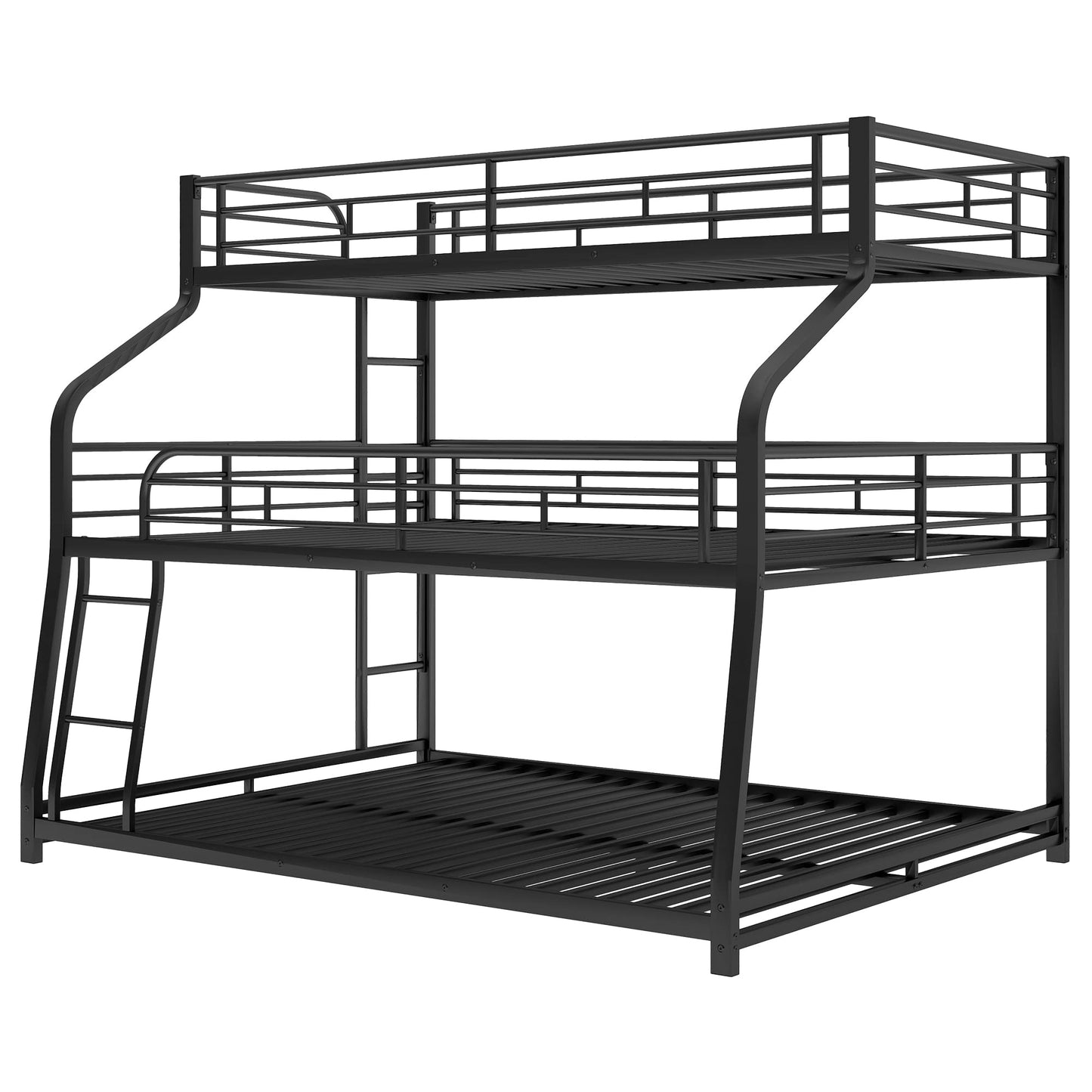 Bellemave Heavy Duty Triple Bunk Bed for Multiple Kids,Twin XL Over Full XL Over Queen Size Triple Bunk Bed with Long and Short Ladder for 3 Kids,Unique Curved Metal Frame,Black