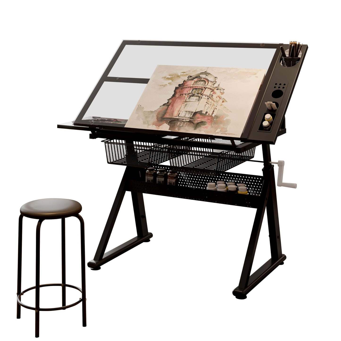 GOLGAILY Rated 72" Adjustable Drafting Table with Tempered Glass Top Black Metal Frame 40.15" L x 23.62" W