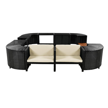 YOPTO Outdoor Waterproof Spa Surround Rattan Sectional Sofa Set with Mini Sofa,Wooden Seats and Storage Spaces Chaise w/Comfortable Cushion,Garden Furniture for Yard Pool Backyard,Beige