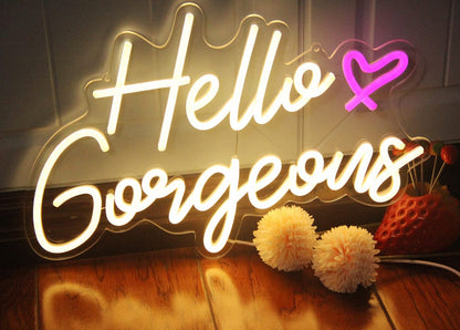 Hello Gorgeous Neon Sign Hello Beautiful Pink LED Neon Lights for Home Wedding Birthday Backdrop Bacelorette Party Wth Dimmable Switch(5V,16.5X10.6inches)