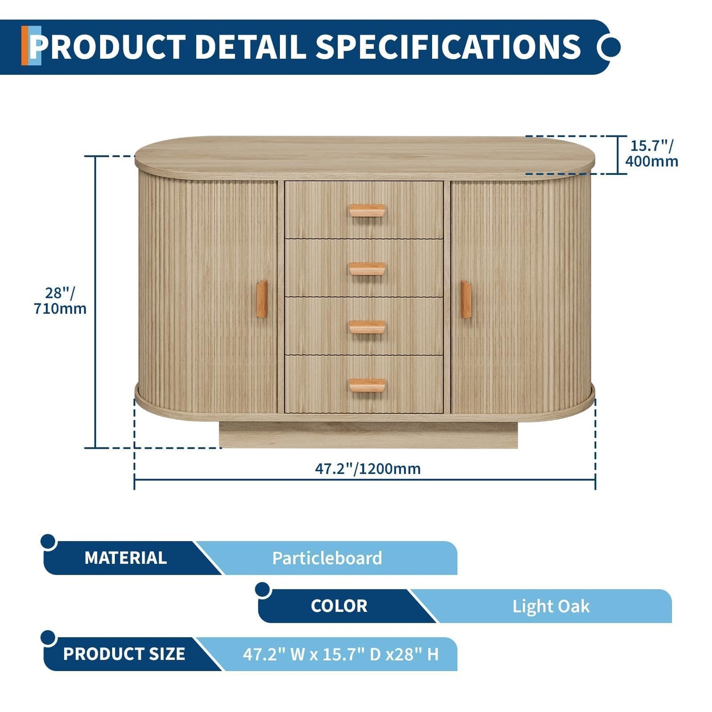 47" Fluted Sideboard Buffet Cabinet with 4 Drawers and 2 Arched Sliding Doors, Coffee Bar Storage Console Cabinet,Multi-Functional Coffee Bar Cabinet, Accent Table for Dining Living Room, Natural Oak