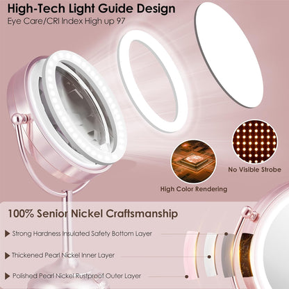Professional 8.5" Large Lighted Makeup Mirror with Brighter Lights, 1X/10X True HD Magnifying Mirror with 3 Color Dimmable Lights, 90 Shadowless LEDs, 360°Swivel Seamless Vanity Mirror, Pearl Nickel