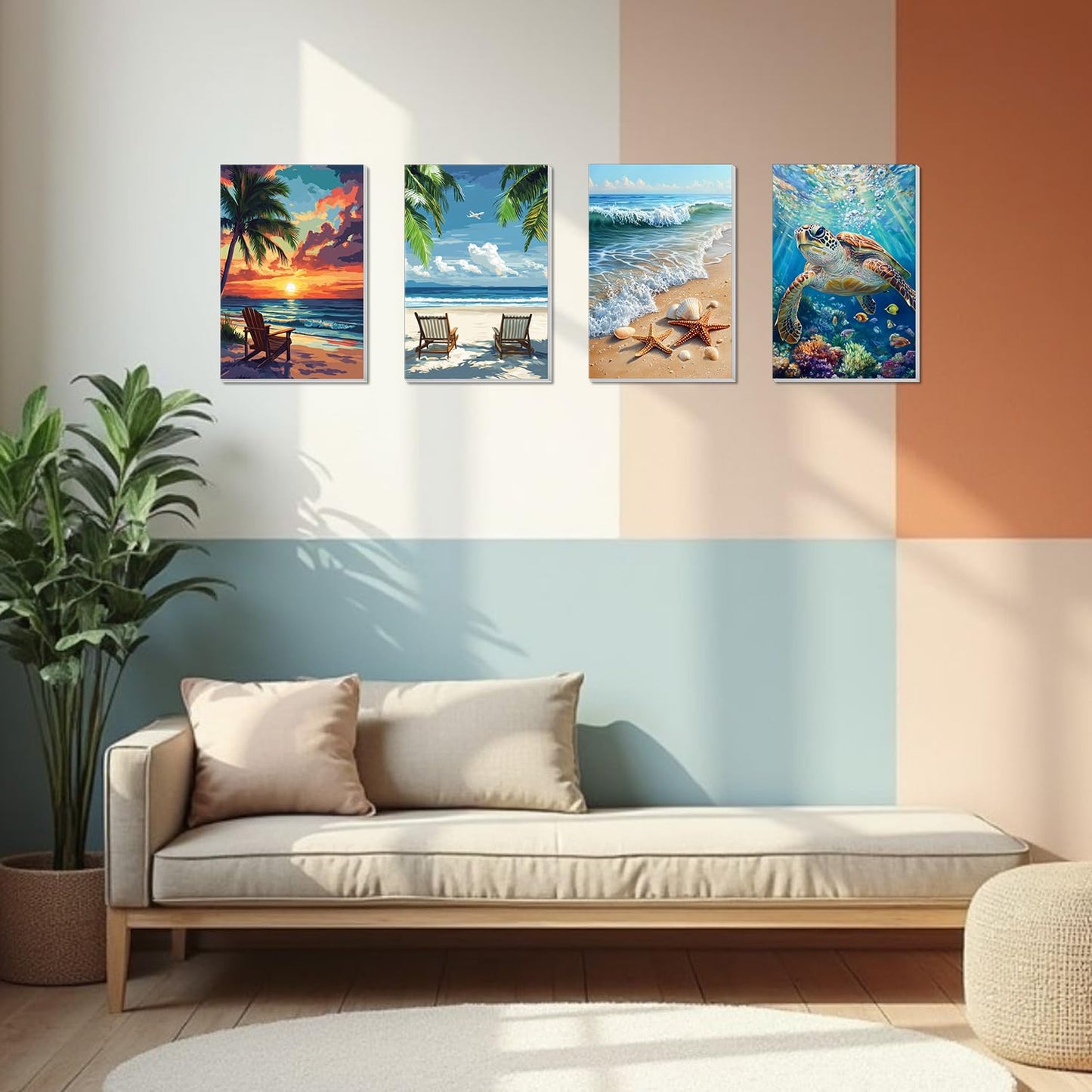 4 Pack Framed Paint By Numbers Kit for Adults Beginner Beach Adult Paint By Number Kits on Canvas Sea Turtle Painting By Numbers for Adults with Frame Diy Painting Kits for Home Wall Art 8x12 Inch